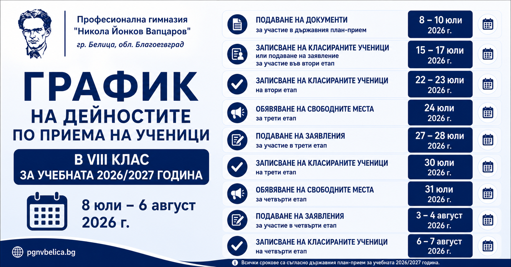 График на дейностите по приема на ученици в VIII клас за учебната 2026/2027 година